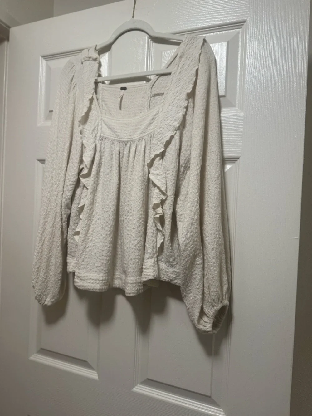 Free People Cream Bonny Blouse Square Neck Ruffle Front Top - Picture 3 of 9